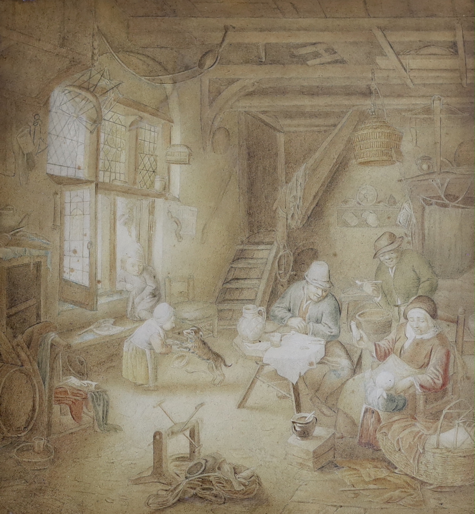 19th century Flemish School, watercolour, Interior scene with figures and dog, 29 x 26cm, ornate gilt frame (a.f.)